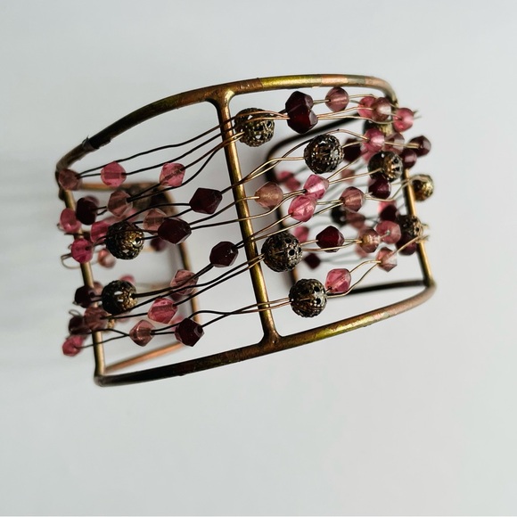 Wire Cuff Bracelet with Pink and Brown Beads - Picture 13 of 16